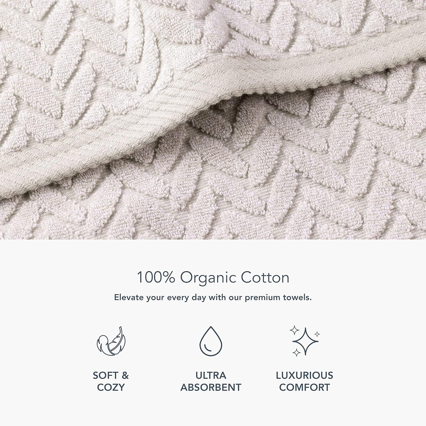 Texere 100% Organic Cotton Jacquard 650 GSM Premium Bath Towel Sets - Extra Absorbent Quick Dry and Plush, 2 Large Bath Towels, 2 Hand Towels, 2 Washcloths (Cable, Birch, 6 Piece)