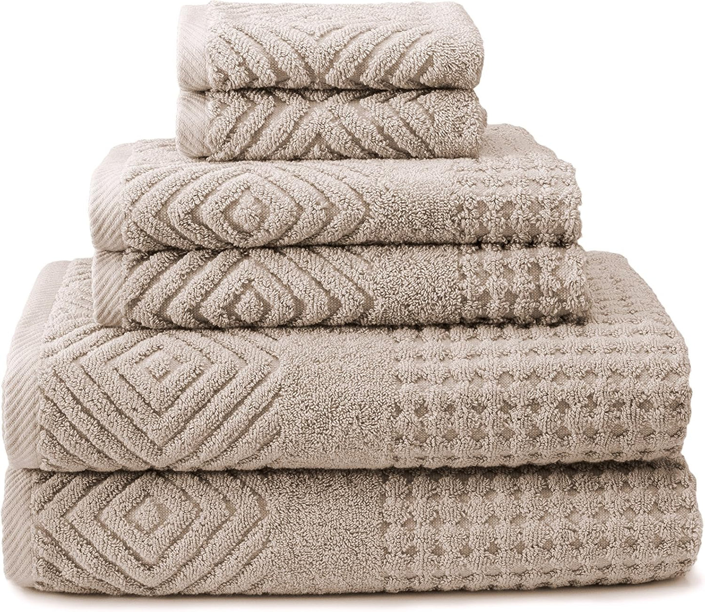 Texere 100% Organic Cotton Jacquard 650 GSM Premium Bath Towel Sets - Extra Absorbent Quick Dry and Plush, 2 Large Bath Towels, 2 Hand Towels, 2 Washcloths (Cable, Birch, 6 Piece)