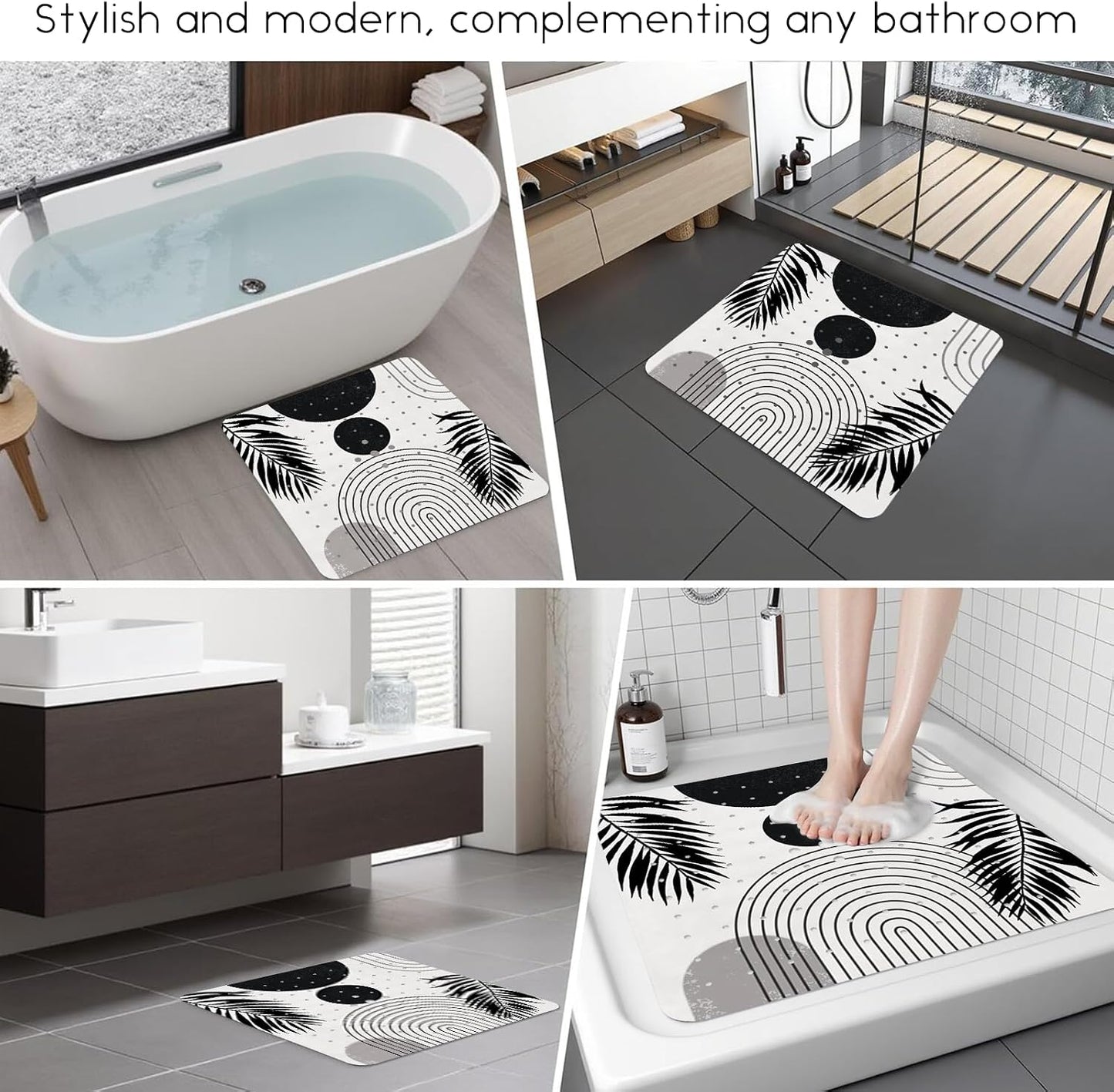 Non Slip, Bohemia Extra Long Shower Floor Mat with Suction Cups and Drain Holes for Adults Kids Elderly 40 X 16 Inch