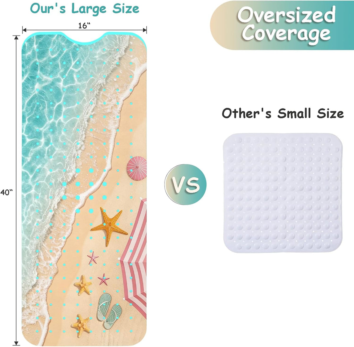 Non Slip, Bohemia Extra Long Shower Floor Mat with Suction Cups and Drain Holes for Adults Kids Elderly 40 X 16 Inch