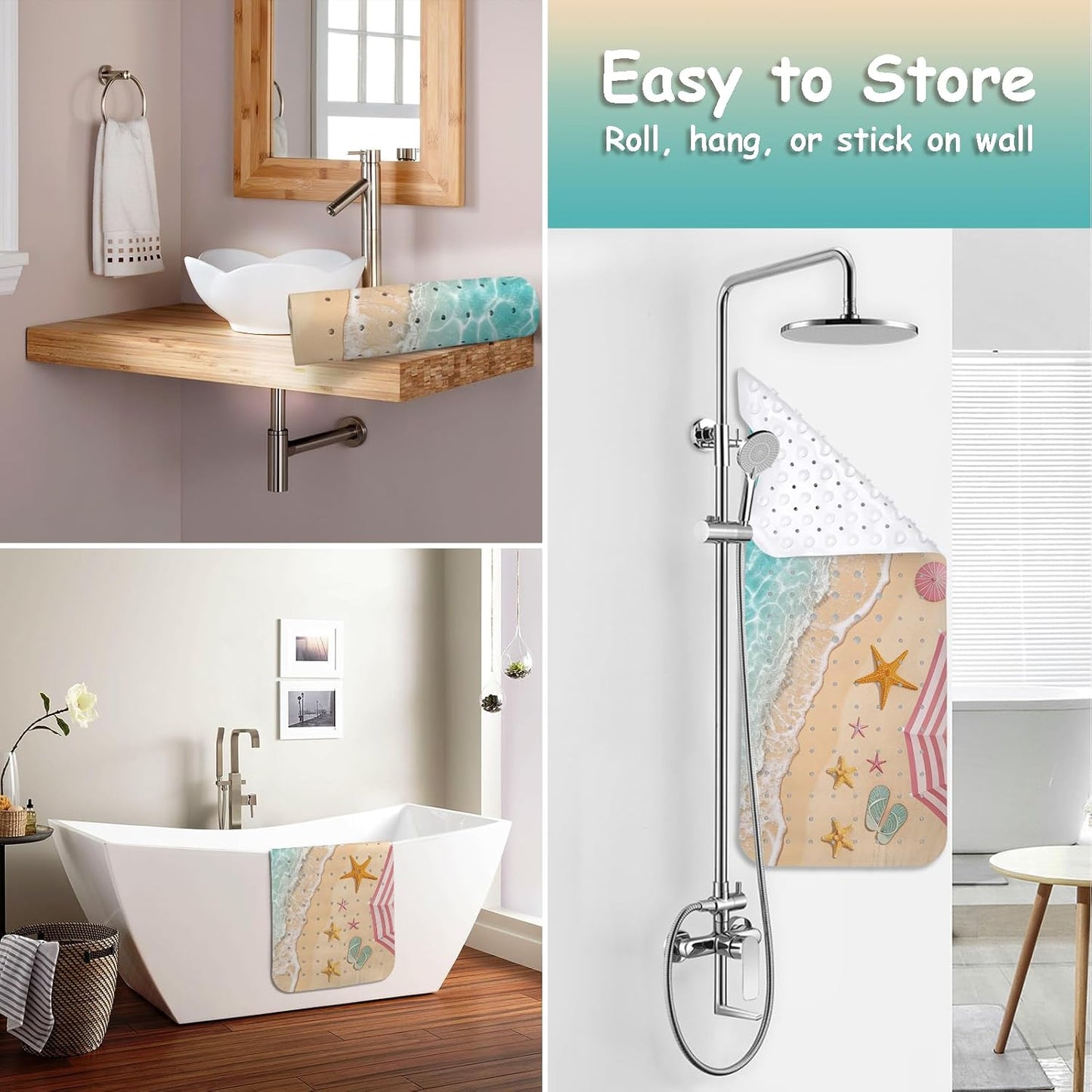 Non Slip, Bohemia Extra Long Shower Floor Mat with Suction Cups and Drain Holes for Adults Kids Elderly 40 X 16 Inch