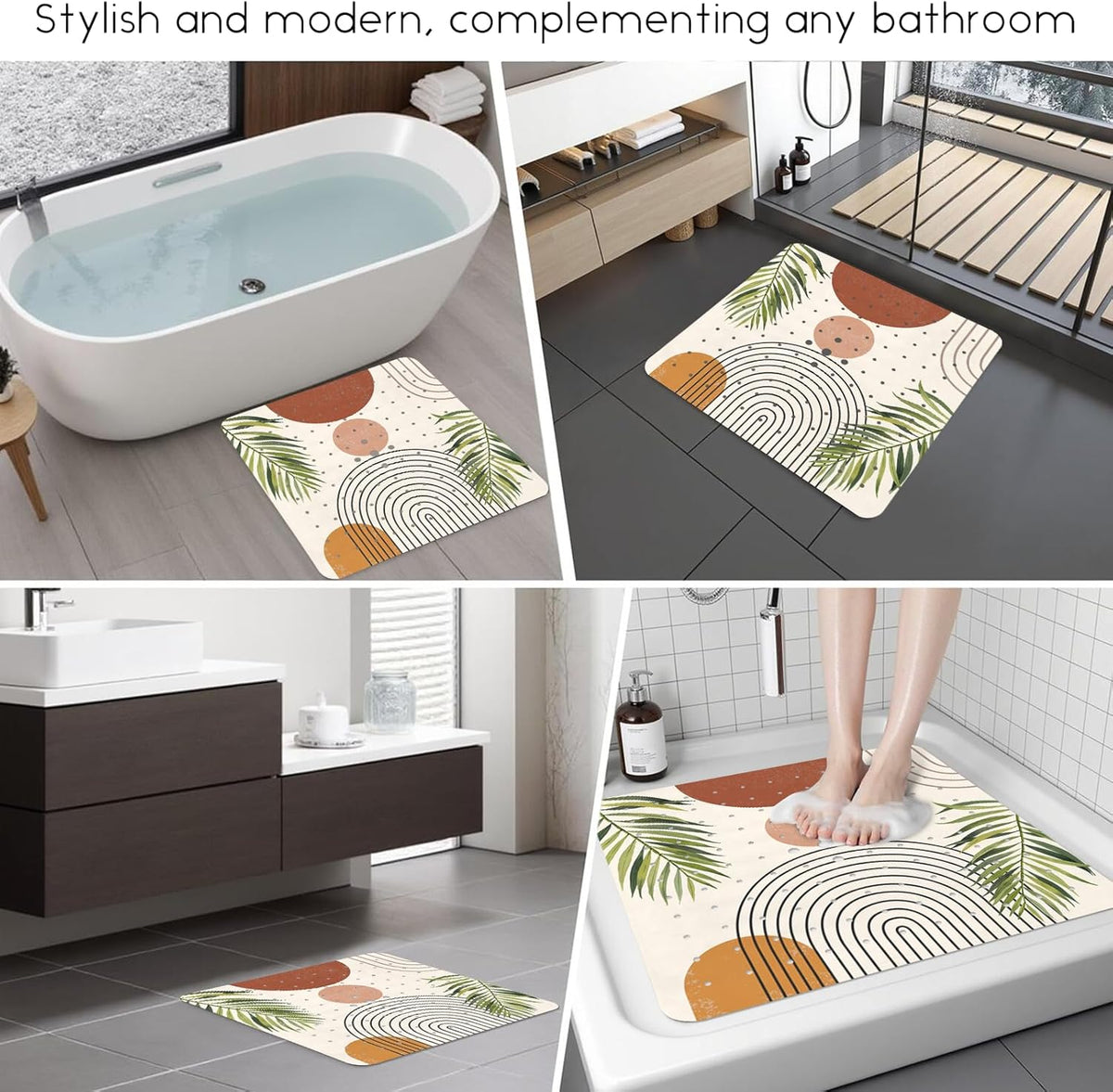 Non Slip, Bohemia Extra Long Shower Floor Mat with Suction Cups and Drain Holes for Adults Kids Elderly 40 X 16 Inch