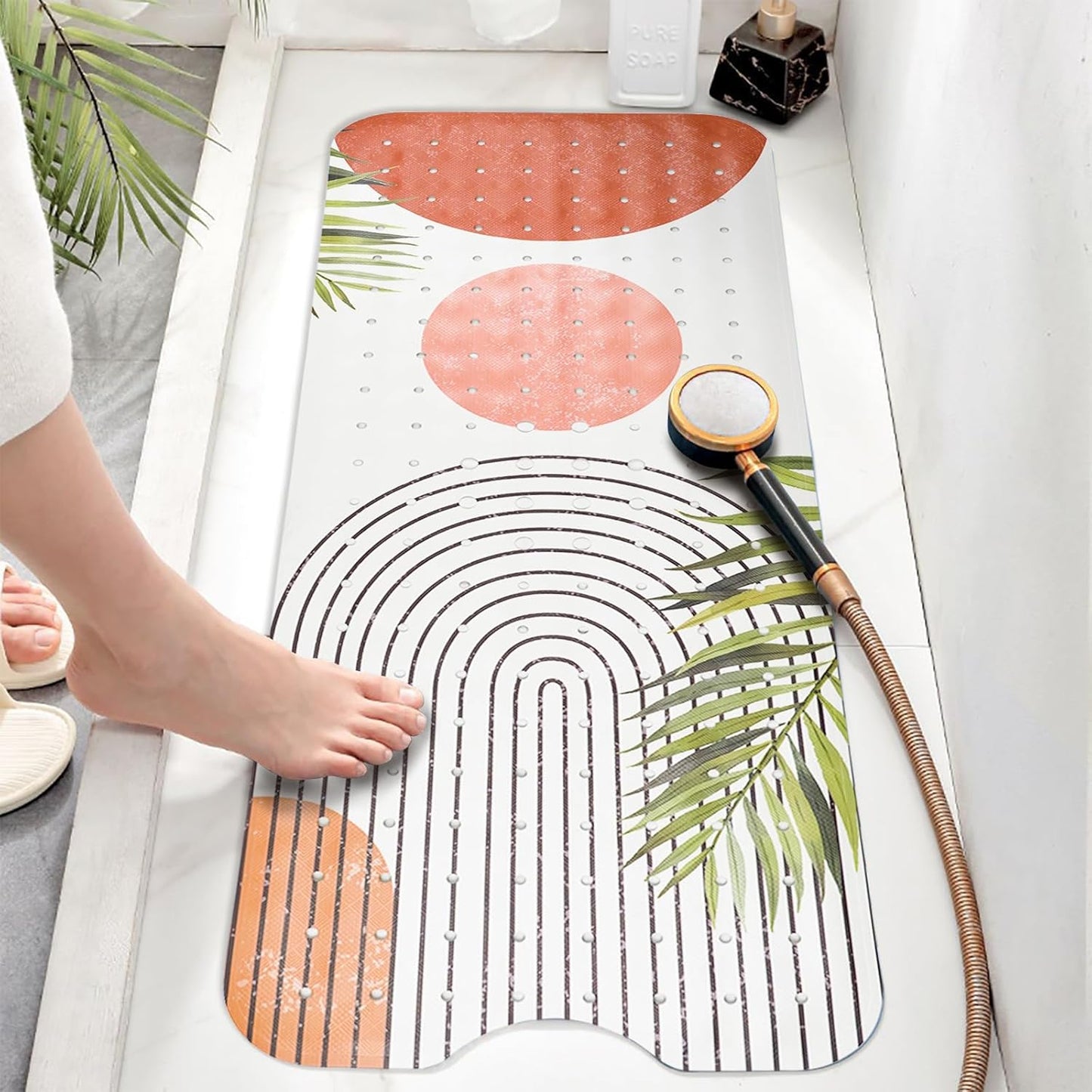 Non Slip, Bohemia Extra Long Shower Floor Mat with Suction Cups and Drain Holes for Adults Kids Elderly 40 X 16 Inch