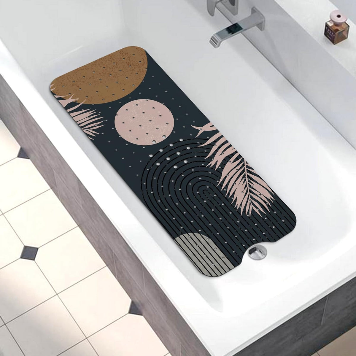 Non Slip, Bohemia Extra Long Shower Floor Mat with Suction Cups and Drain Holes for Adults Kids Elderly 40 X 16 Inch