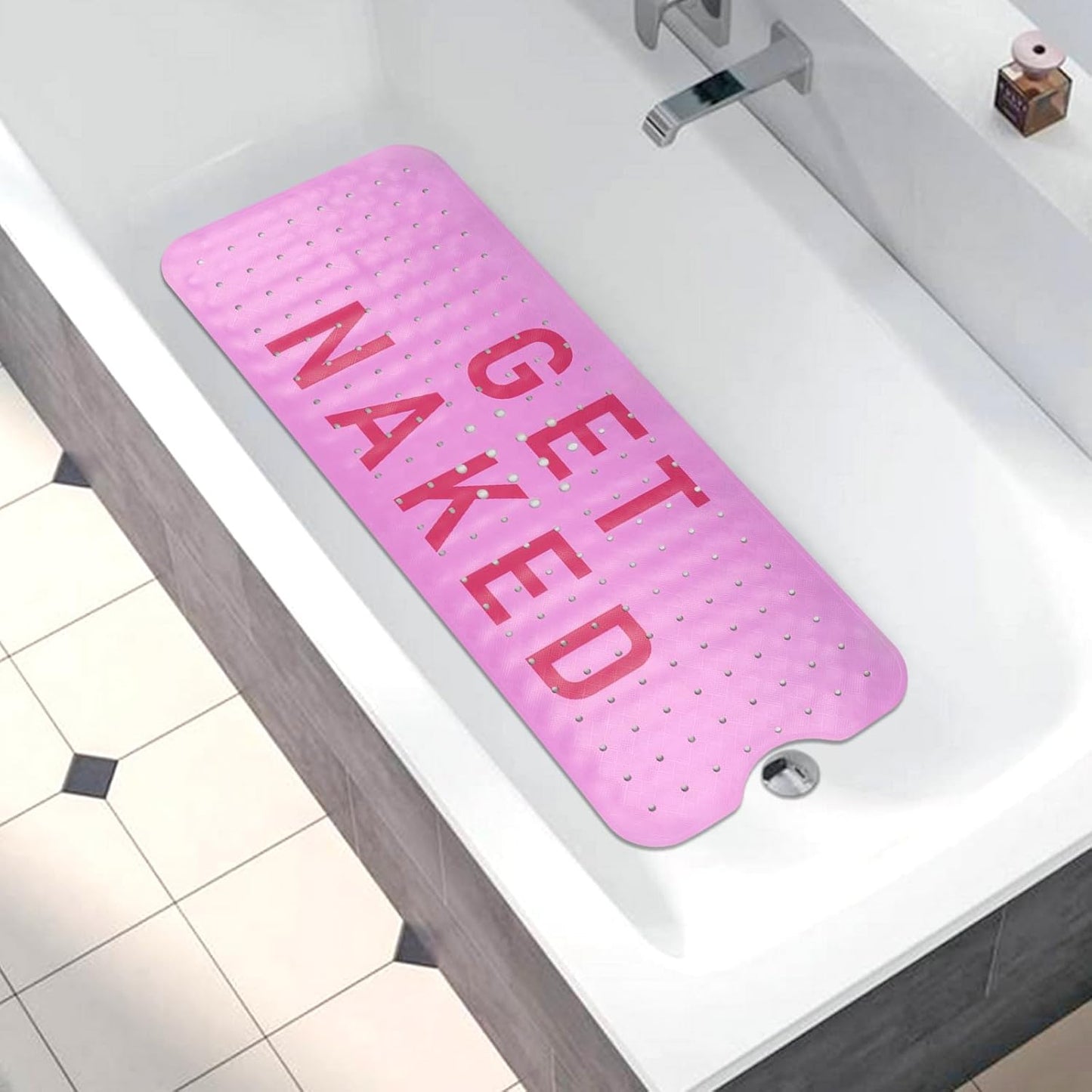 Non Slip, Bohemia Extra Long Shower Floor Mat with Suction Cups and Drain Holes for Adults Kids Elderly 40 X 16 Inch