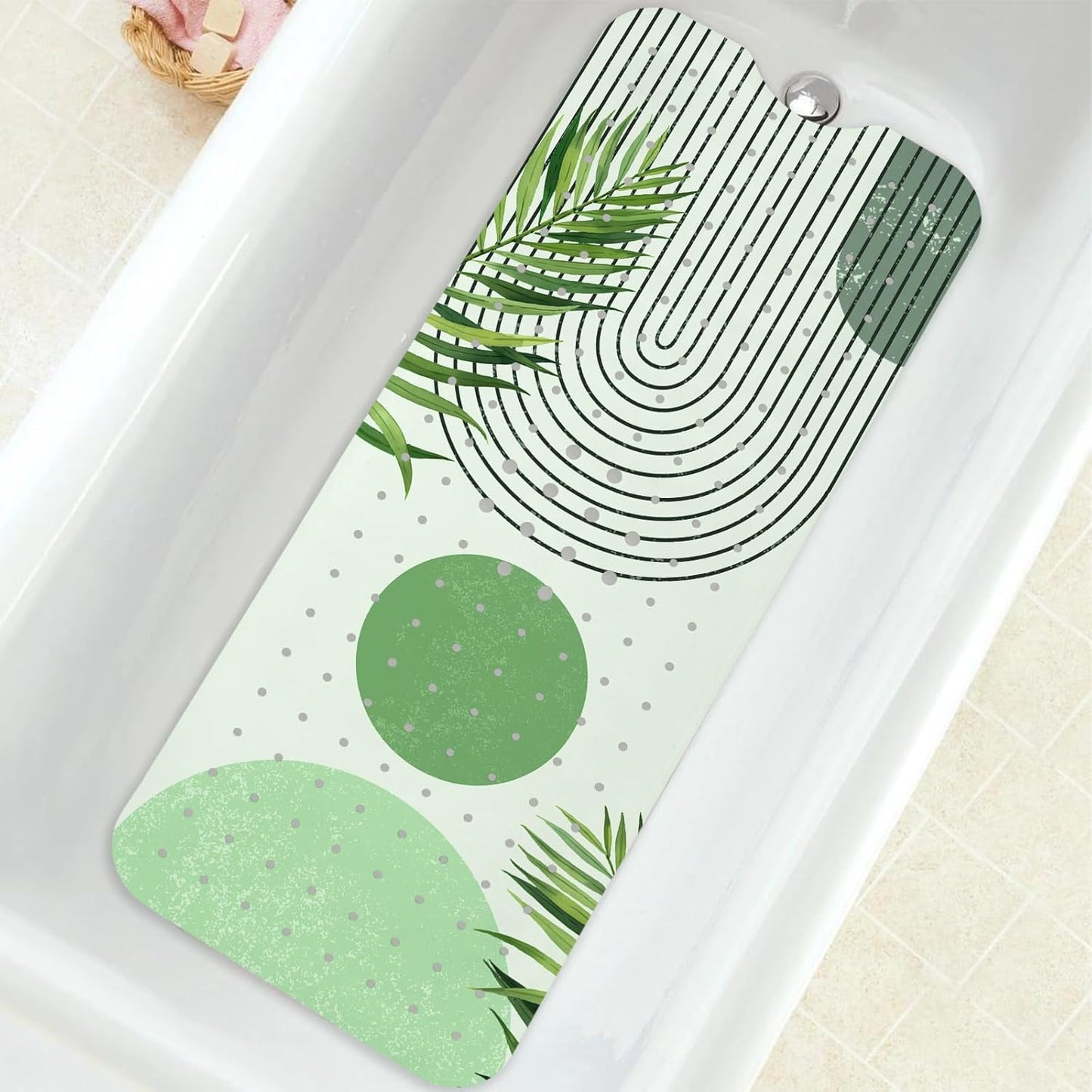 Non Slip, Bohemia Extra Long Shower Floor Mat with Suction Cups and Drain Holes for Adults Kids Elderly 40 X 16 Inch