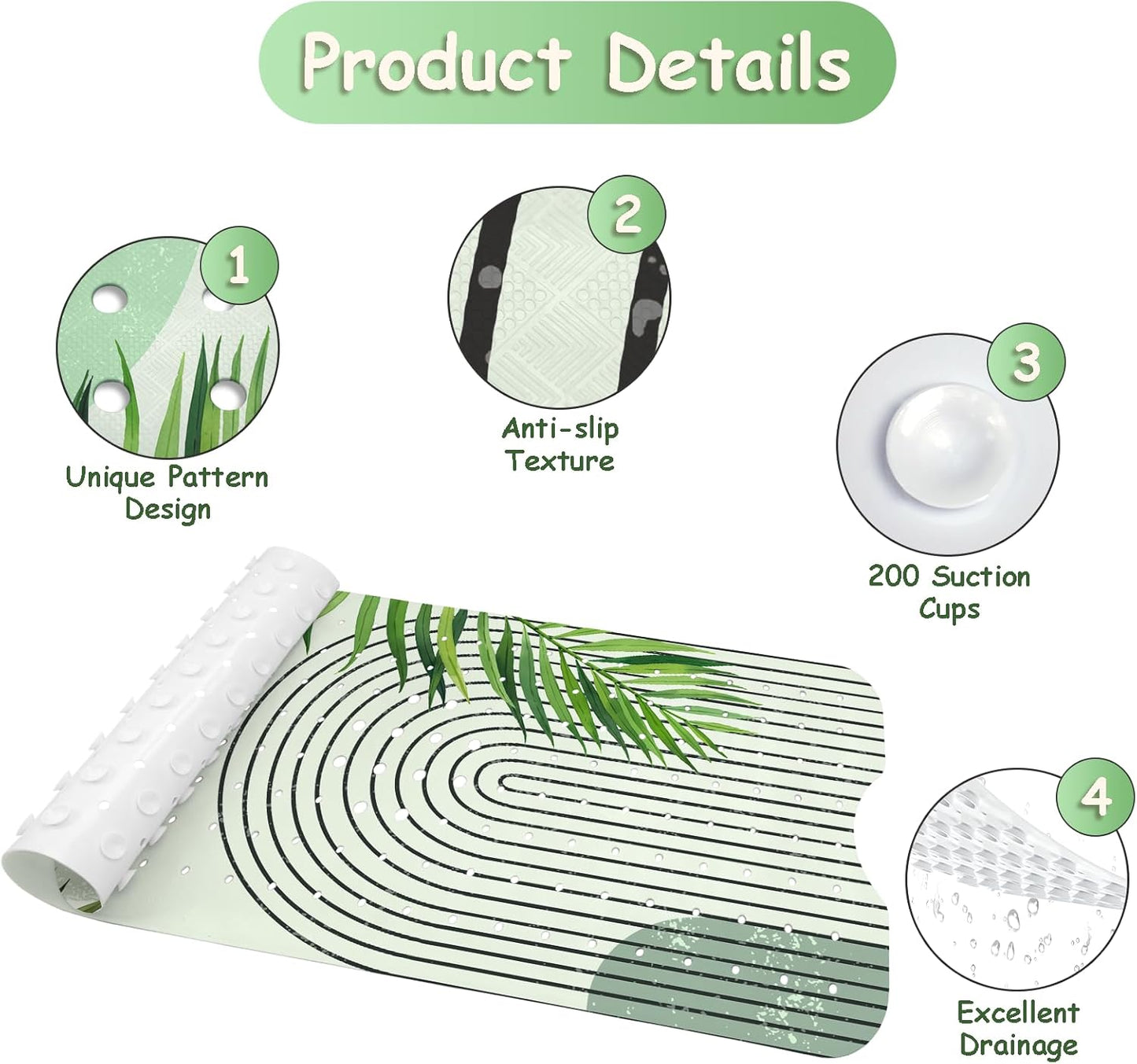 Non Slip, Bohemia Extra Long Shower Floor Mat with Suction Cups and Drain Holes for Adults Kids Elderly 40 X 16 Inch