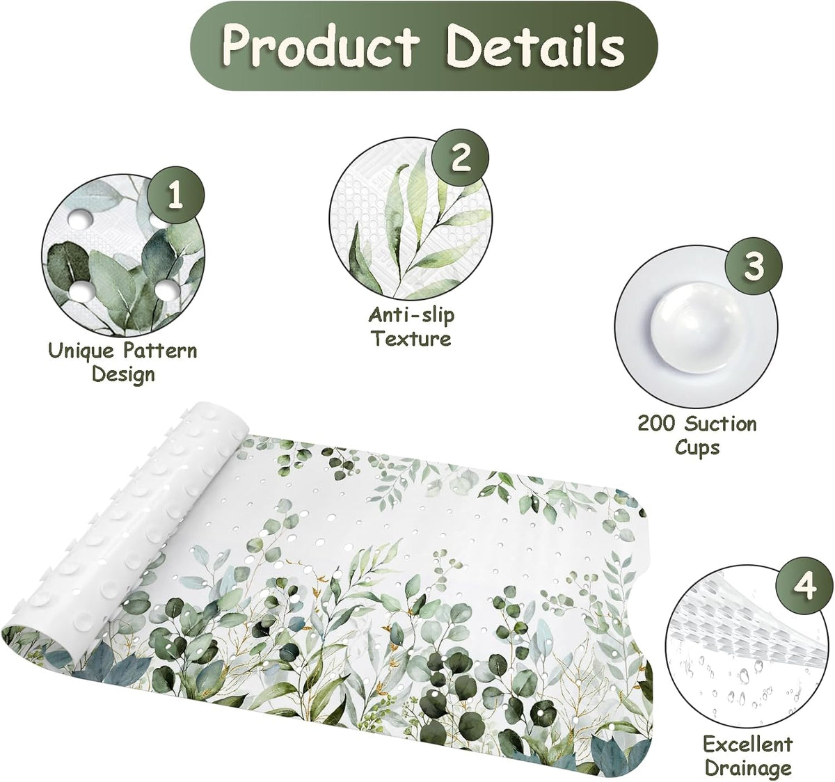 Non Slip, Bohemia Extra Long Shower Floor Mat with Suction Cups and Drain Holes for Adults Kids Elderly 40 X 16 Inch