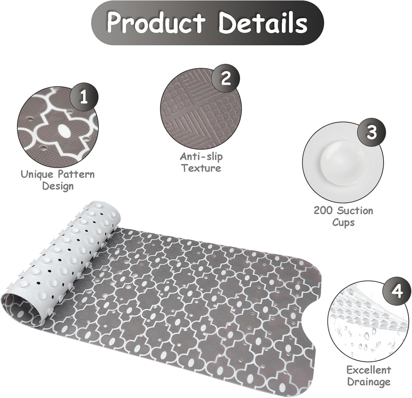 Non Slip, Bohemia Extra Long Shower Floor Mat with Suction Cups and Drain Holes for Adults Kids Elderly 40 X 16 Inch