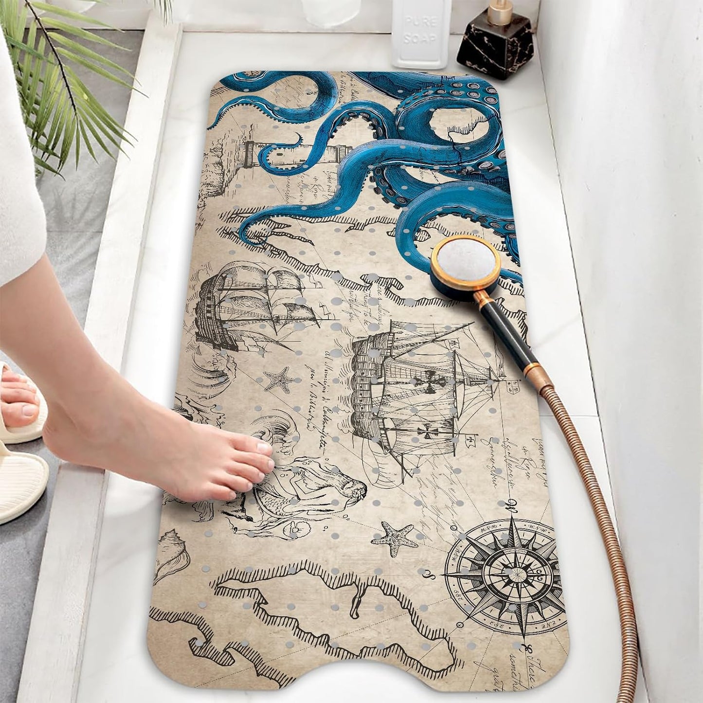 Non Slip, Bohemia Extra Long Shower Floor Mat with Suction Cups and Drain Holes for Adults Kids Elderly 40 X 16 Inch