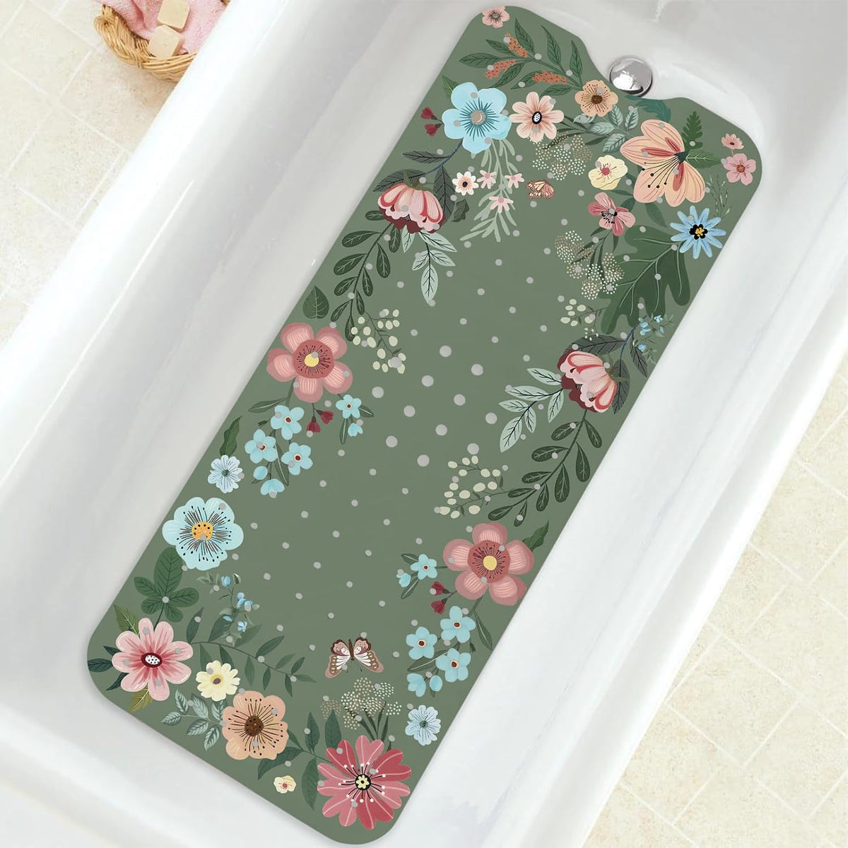 Non Slip, Bohemia Extra Long Shower Floor Mat with Suction Cups and Drain Holes for Adults Kids Elderly 40 X 16 Inch