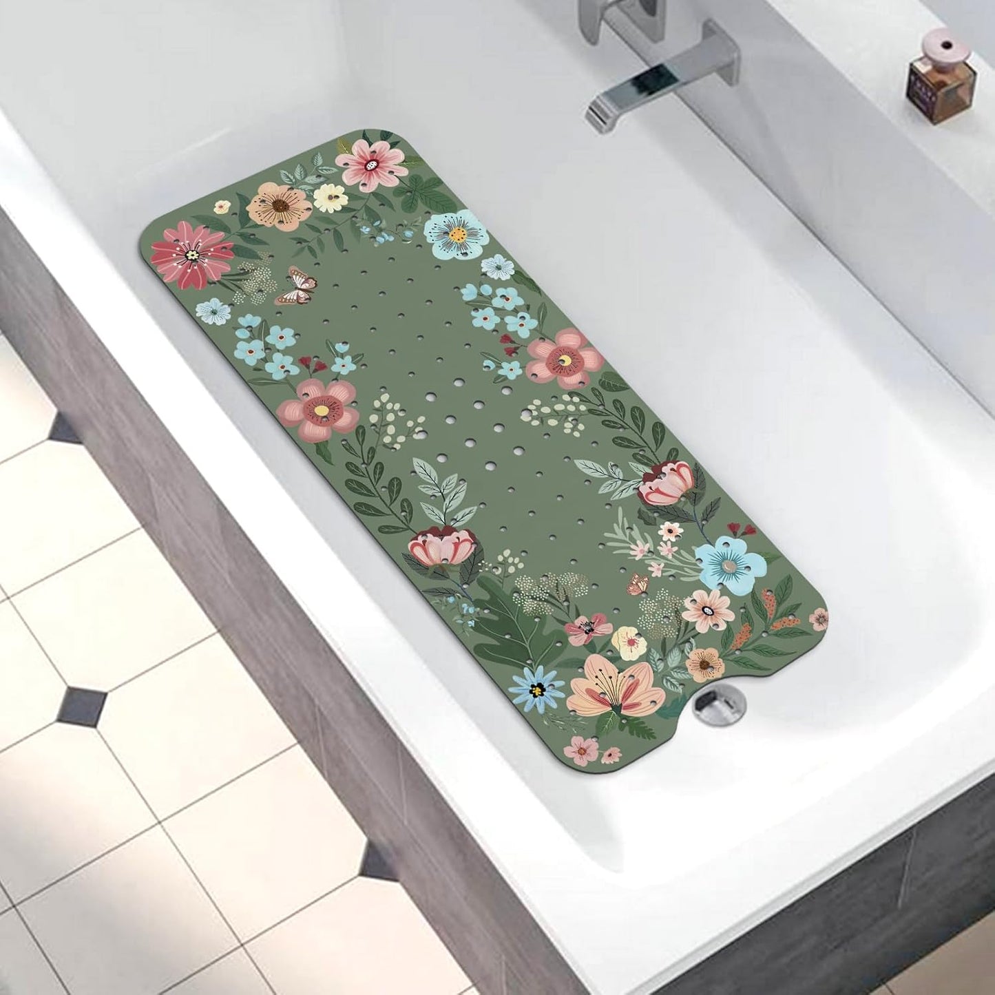 Non Slip, Bohemia Extra Long Shower Floor Mat with Suction Cups and Drain Holes for Adults Kids Elderly 40 X 16 Inch