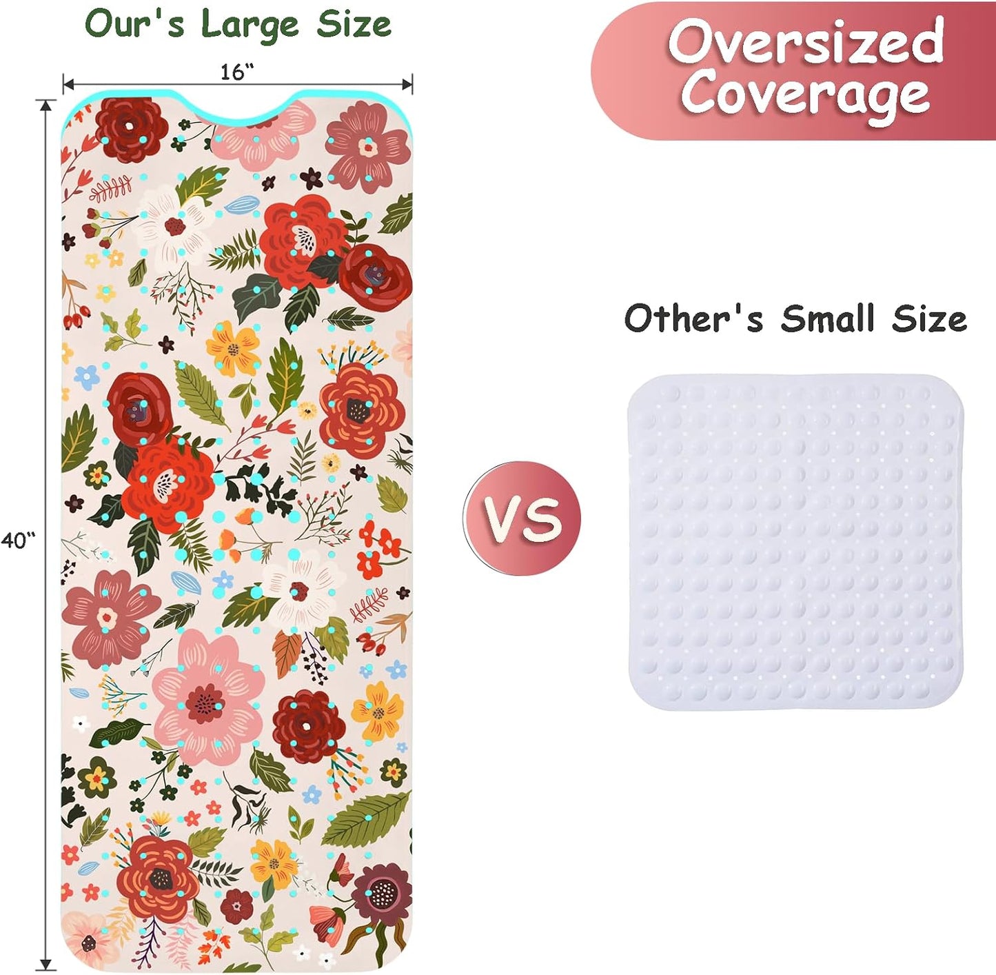 Non Slip, Bohemia Extra Long Shower Floor Mat with Suction Cups and Drain Holes for Adults Kids Elderly 40 X 16 Inch