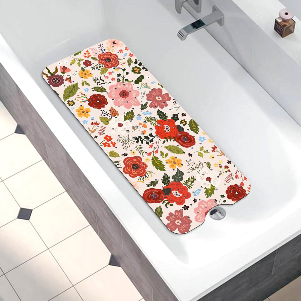 Non Slip, Bohemia Extra Long Shower Floor Mat with Suction Cups and Drain Holes for Adults Kids Elderly 40 X 16 Inch