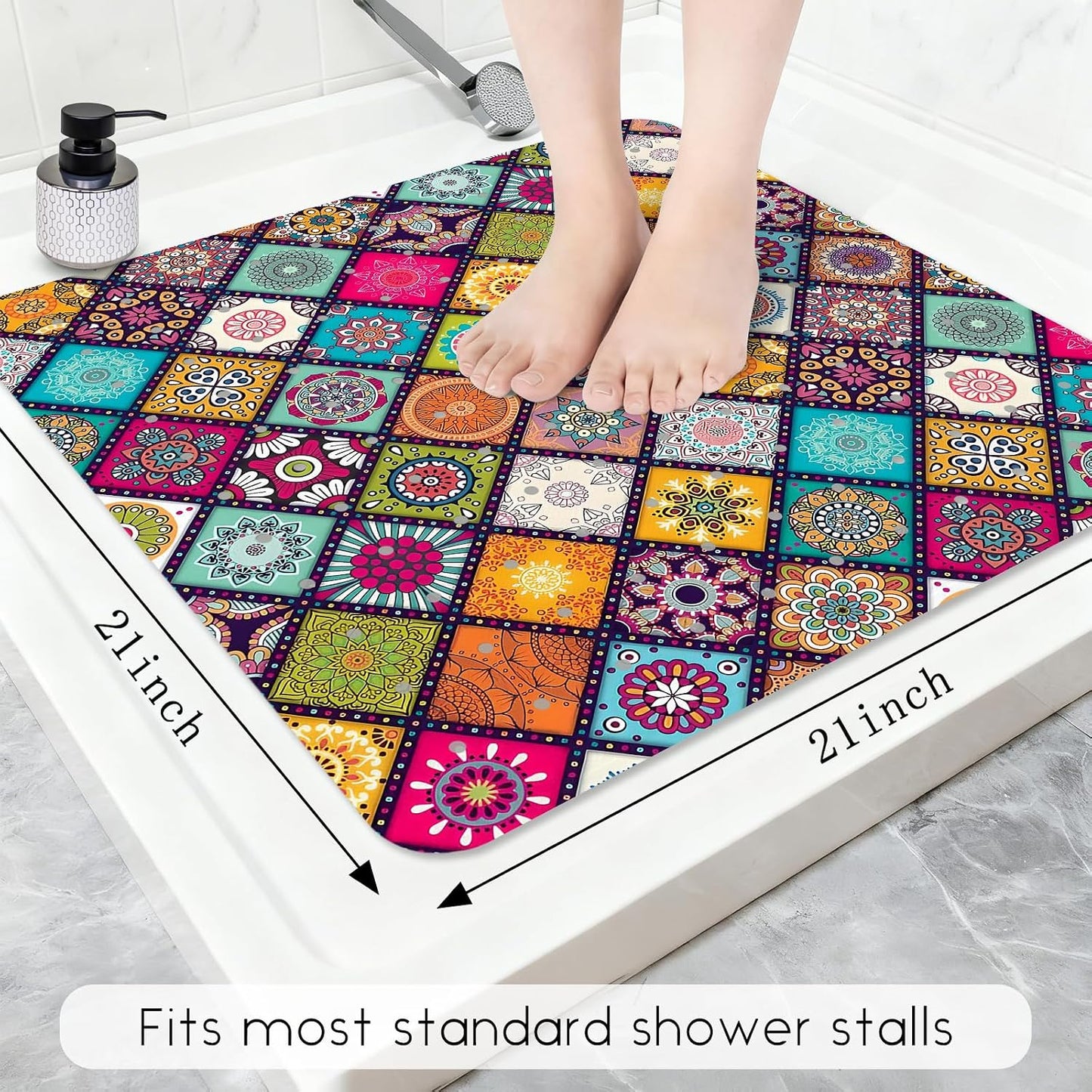 Non Slip, Bohemia Extra Long Shower Floor Mat with Suction Cups and Drain Holes for Adults Kids Elderly 40 X 16 Inch