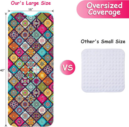 Non Slip, Bohemia Extra Long Shower Floor Mat with Suction Cups and Drain Holes for Adults Kids Elderly 40 X 16 Inch