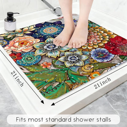 Non Slip, Bohemia Extra Long Shower Floor Mat with Suction Cups and Drain Holes for Adults Kids Elderly 40 X 16 Inch