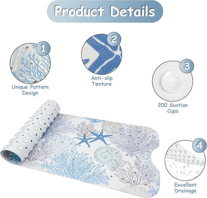 Non Slip, Bohemia Extra Long Shower Floor Mat with Suction Cups and Drain Holes for Adults Kids Elderly 40 X 16 Inch