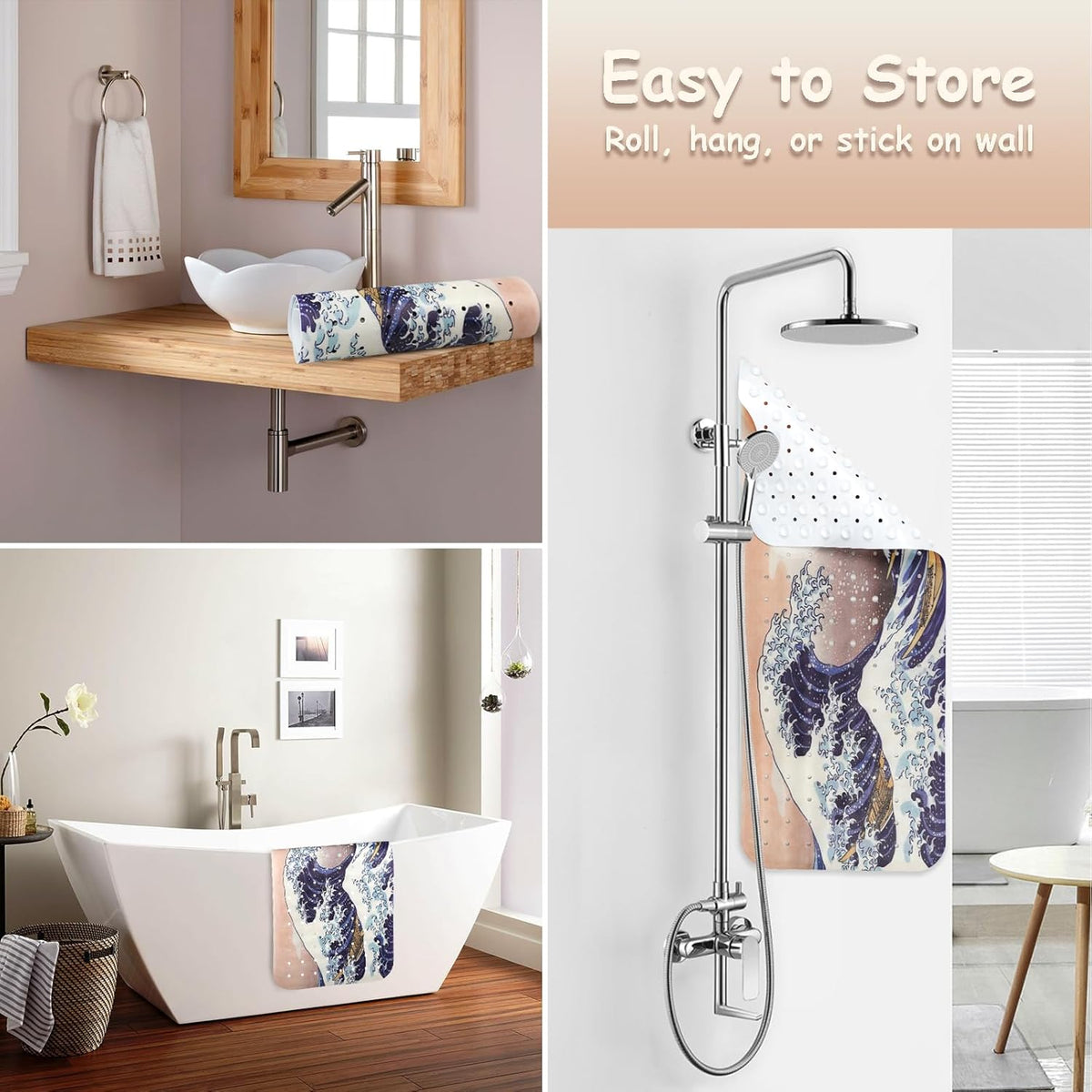 Non Slip, Bohemia Extra Long Shower Floor Mat with Suction Cups and Drain Holes for Adults Kids Elderly 40 X 16 Inch