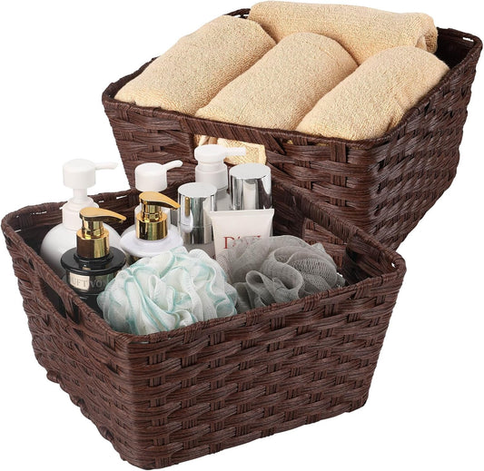 Large Wicker Storage Basket, Metal Frame, Set of 2, Washable Waterproof, 15" x 10.3" x 5.2", Brown Color, Woven Basket for Pantry, Toilet, Bathroom, Bedroom, Patio