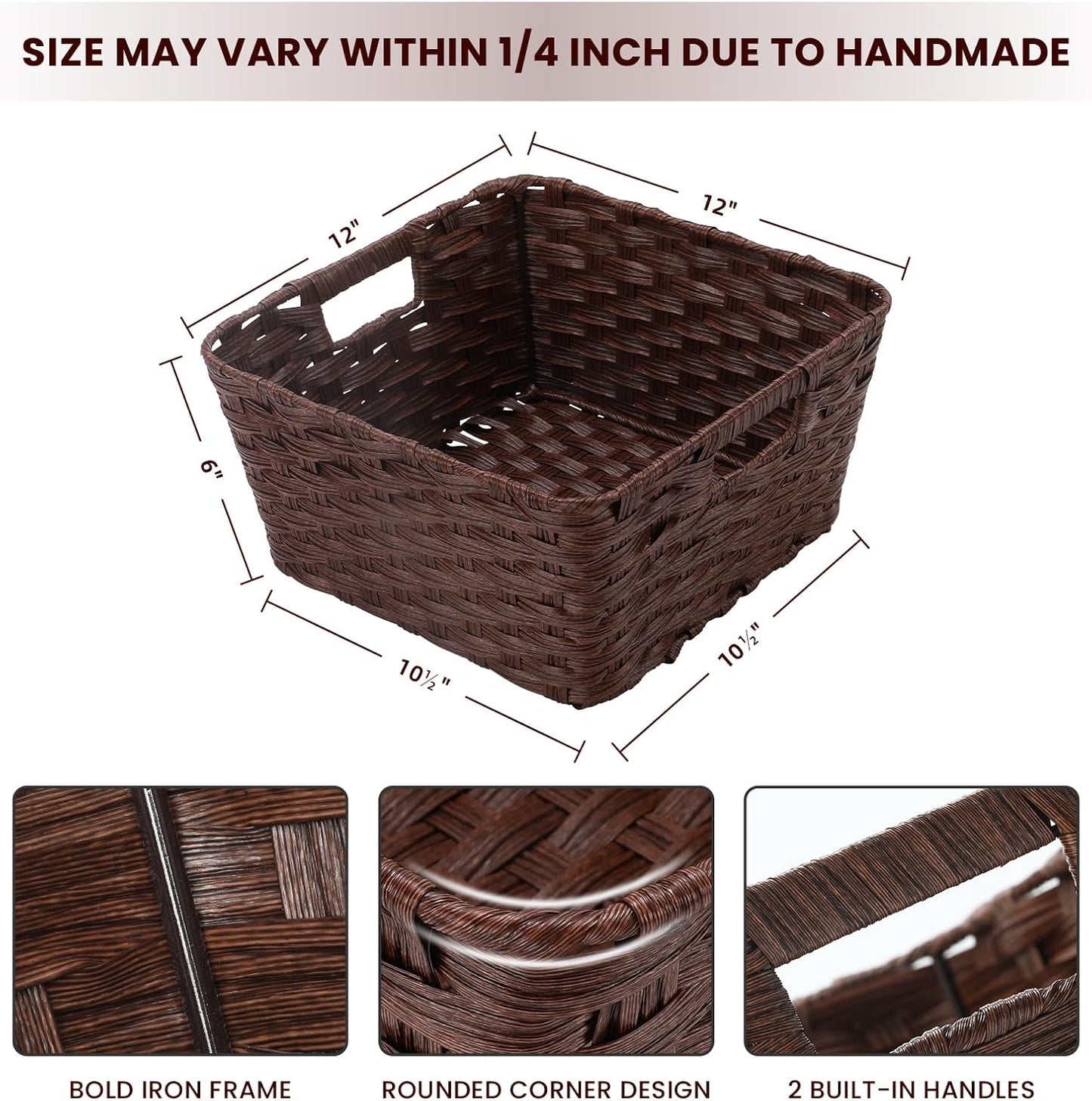 Large Wicker Storage Basket, Metal Frame, Set of 2, Washable Waterproof, 15" x 10.3" x 5.2", Brown Color, Woven Basket for Pantry, Toilet, Bathroom, Bedroom, Patio
