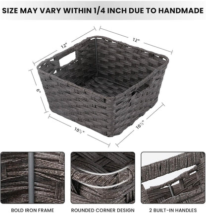 Large Wicker Storage Basket, Metal Frame, Set of 2, Washable Waterproof, 15" x 10.3" x 5.2", Brown Color, Woven Basket for Pantry, Toilet, Bathroom, Bedroom, Patio