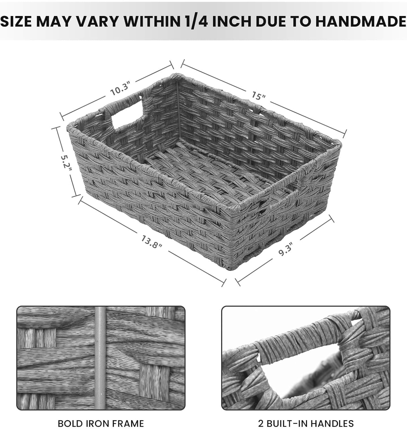 Large Wicker Storage Basket, Metal Frame, Set of 2, Washable Waterproof, 15" x 10.3" x 5.2", Brown Color, Woven Basket for Pantry, Toilet, Bathroom, Bedroom, Patio
