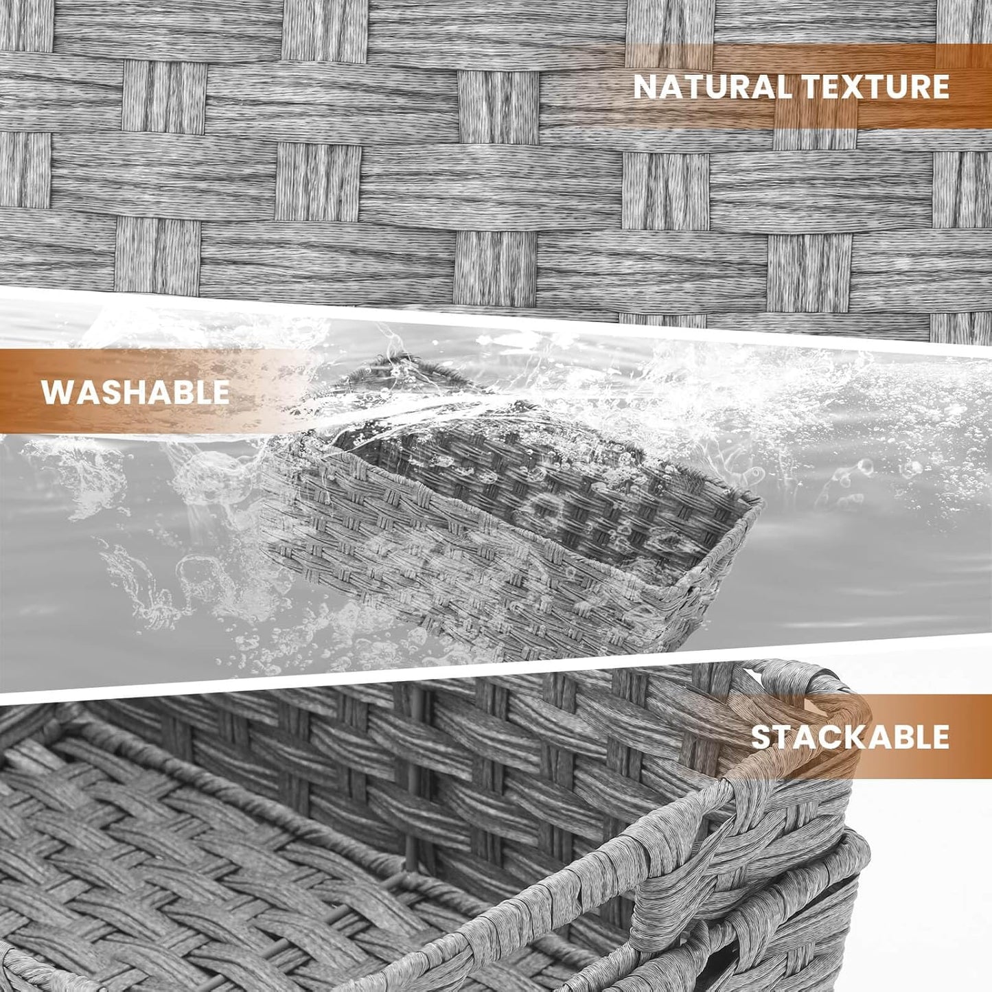 Large Wicker Storage Basket, Metal Frame, Set of 2, Washable Waterproof, 15" x 10.3" x 5.2", Brown Color, Woven Basket for Pantry, Toilet, Bathroom, Bedroom, Patio