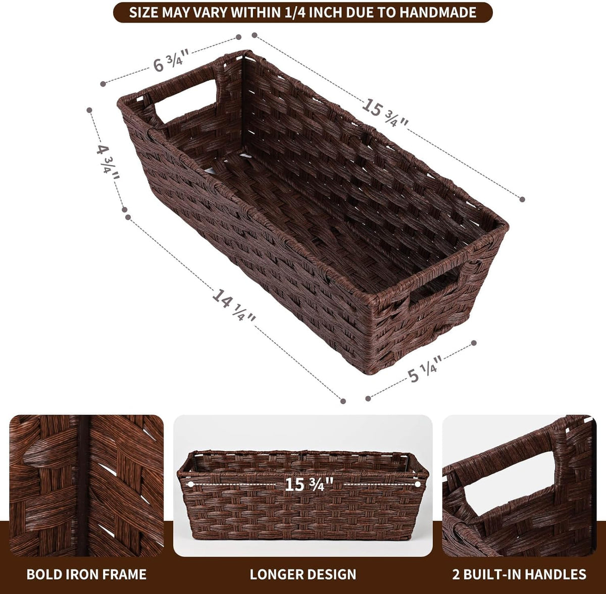 Large Wicker Storage Basket, Metal Frame, Set of 2, Washable Waterproof, 15" x 10.3" x 5.2", Brown Color, Woven Basket for Pantry, Toilet, Bathroom, Bedroom, Patio