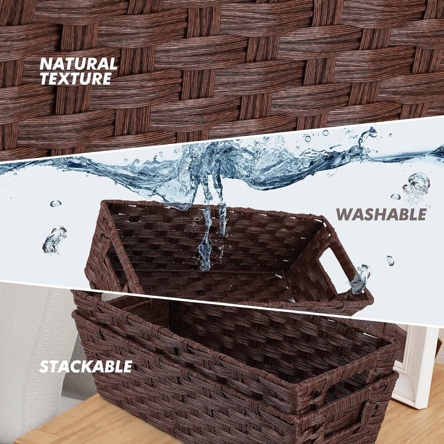 Large Wicker Storage Basket, Metal Frame, Set of 2, Washable Waterproof, 15" x 10.3" x 5.2", Brown Color, Woven Basket for Pantry, Toilet, Bathroom, Bedroom, Patio