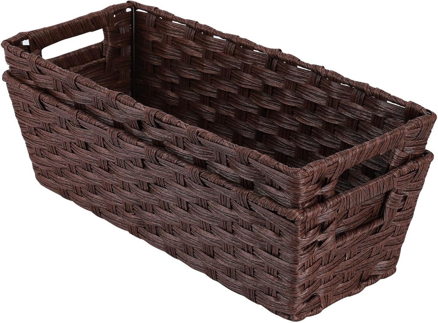 Large Wicker Storage Basket, Metal Frame, Set of 2, Washable Waterproof, 15" x 10.3" x 5.2", Brown Color, Woven Basket for Pantry, Toilet, Bathroom, Bedroom, Patio