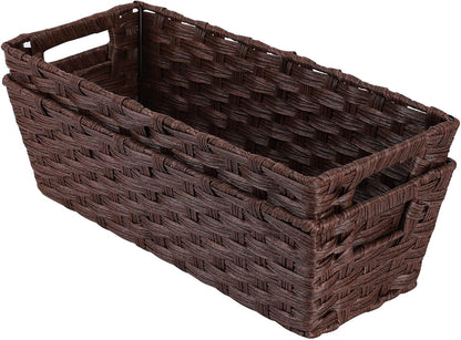 Large Wicker Storage Basket, Metal Frame, Set of 2, Washable Waterproof, 15" x 10.3" x 5.2", Brown Color, Woven Basket for Pantry, Toilet, Bathroom, Bedroom, Patio