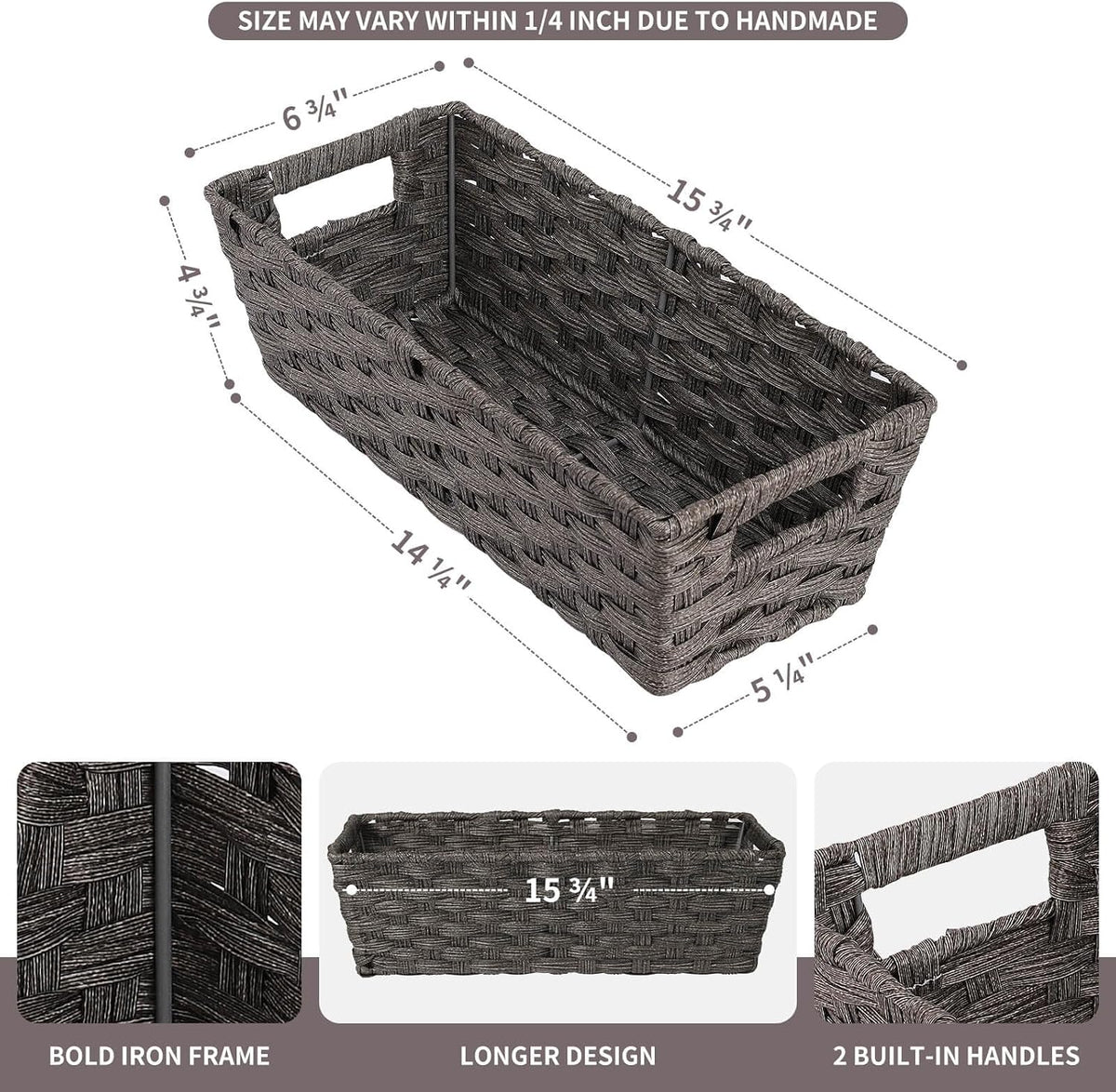 Large Wicker Storage Basket, Metal Frame, Set of 2, Washable Waterproof, 15" x 10.3" x 5.2", Brown Color, Woven Basket for Pantry, Toilet, Bathroom, Bedroom, Patio