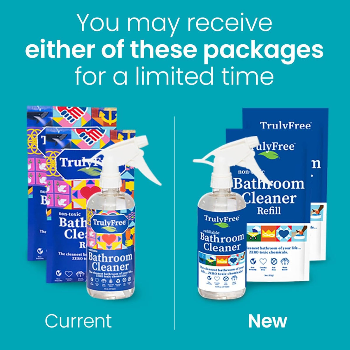 Truly Free All Natural Non-Toxic Bathroom Cleaner Spray Kit, Organic Bath & Tile Cleaning Solution for Toilet, Sink, Tub & Shower, 16 oz Reusable Empty Bottle + Two Fills, 3 oz ea.
