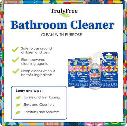 Truly Free All Natural Non-Toxic Bathroom Cleaner Spray Kit, Organic Bath & Tile Cleaning Solution for Toilet, Sink, Tub & Shower, 16 oz Reusable Empty Bottle + Two Fills, 3 oz ea.