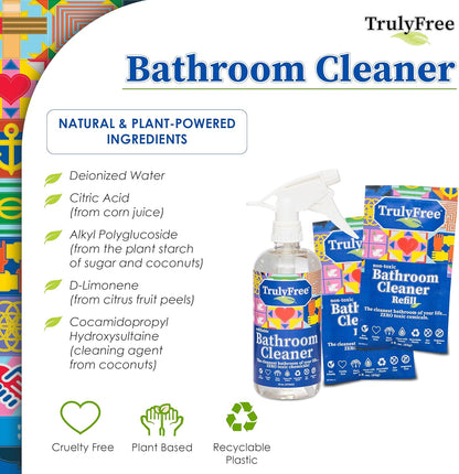 Truly Free All Natural Non-Toxic Bathroom Cleaner Spray Kit, Organic Bath & Tile Cleaning Solution for Toilet, Sink, Tub & Shower, 16 oz Reusable Empty Bottle + Two Fills, 3 oz ea.