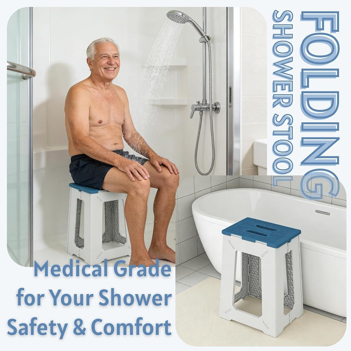 Folding Shower Chair for Inside Shower - 17.7" Heighten Non-Slip Foldable Shower Seat with Handle - 330lbs Safety Waterproof Folding Shower Stool - Fold Up Bath Bench for Elderly, Handicap & Disabled
