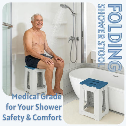 Folding Shower Chair for Inside Shower - 17.7" Heighten Non-Slip Foldable Shower Seat with Handle - 330lbs Safety Waterproof Folding Shower Stool - Fold Up Bath Bench for Elderly, Handicap & Disabled