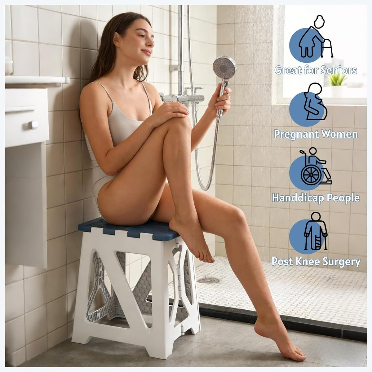 Folding Shower Chair for Inside Shower - 17.7" Heighten Non-Slip Foldable Shower Seat with Handle - 330lbs Safety Waterproof Folding Shower Stool - Fold Up Bath Bench for Elderly, Handicap & Disabled