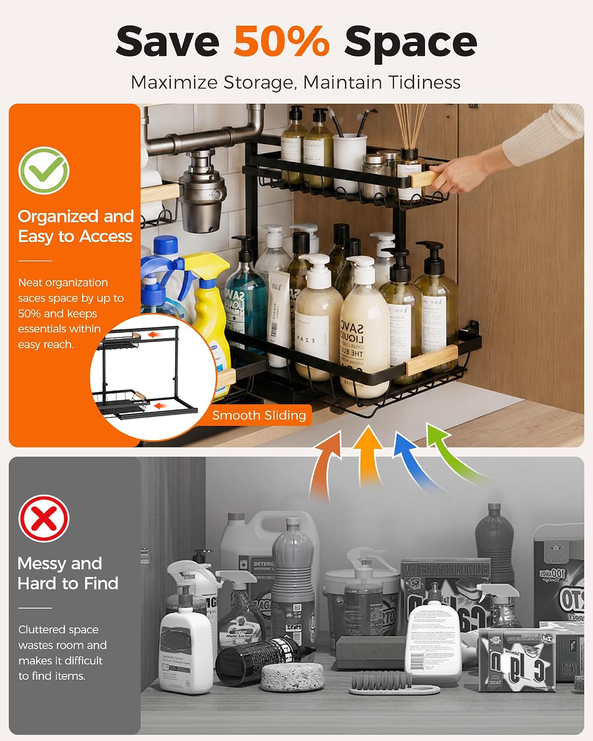 2-Pack 2-Tier Height Adjustable Under Sink Organizer & Storage