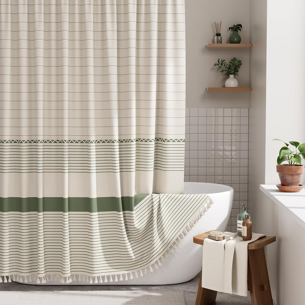 Boho Shower Curtain, Modern Farmhouse Shower Curtain Set with Tassels, Rustic Faux Linen Green Striped Shower Curtain with Hooks, Light Tan Toned, 72x72 Inches