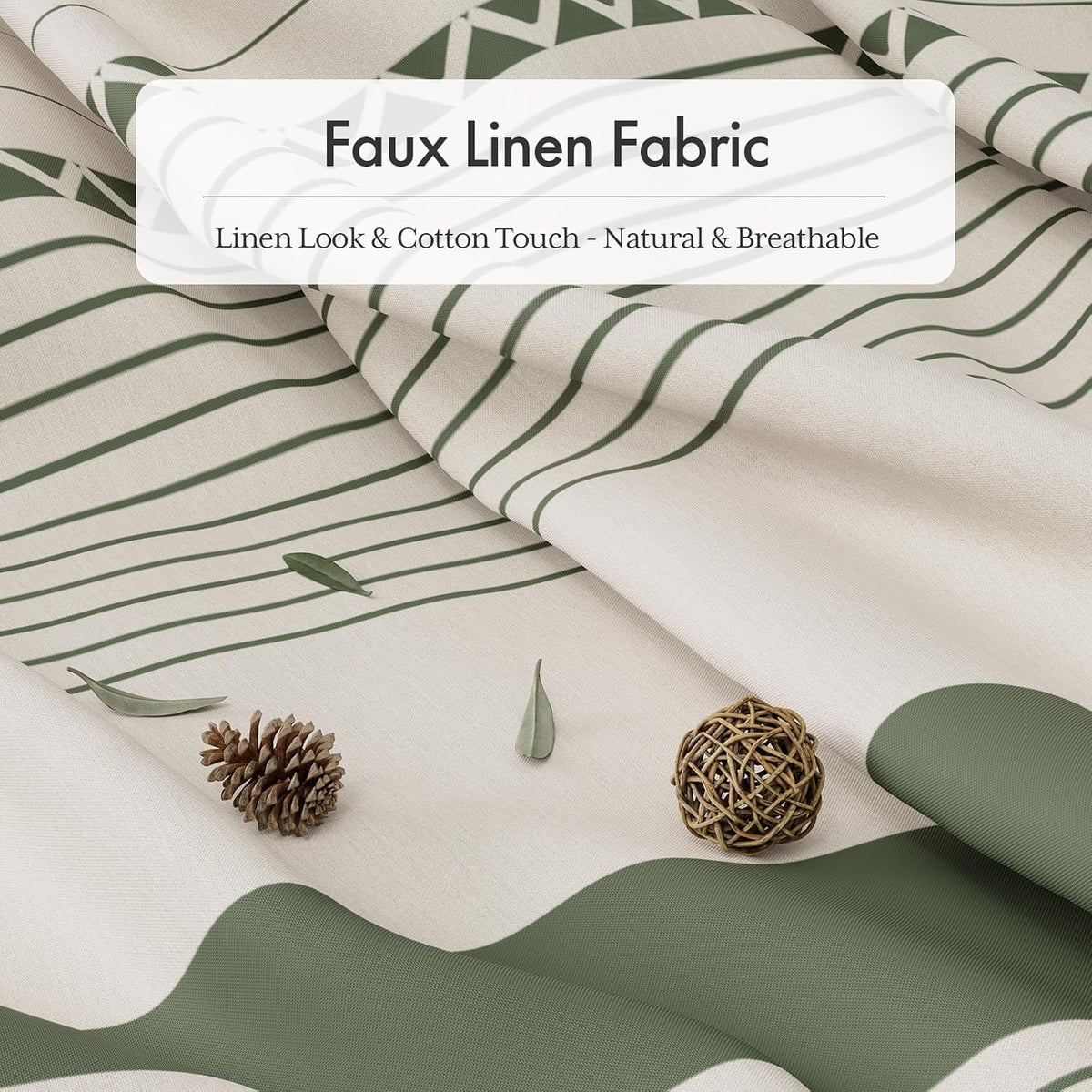 Boho Shower Curtain, Modern Farmhouse Shower Curtain Set with Tassels, Rustic Faux Linen Green Striped Shower Curtain with Hooks, Light Tan Toned, 72x72 Inches