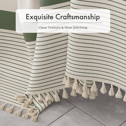 Boho Shower Curtain, Modern Farmhouse Shower Curtain Set with Tassels, Rustic Faux Linen Green Striped Shower Curtain with Hooks, Light Tan Toned, 72x72 Inches