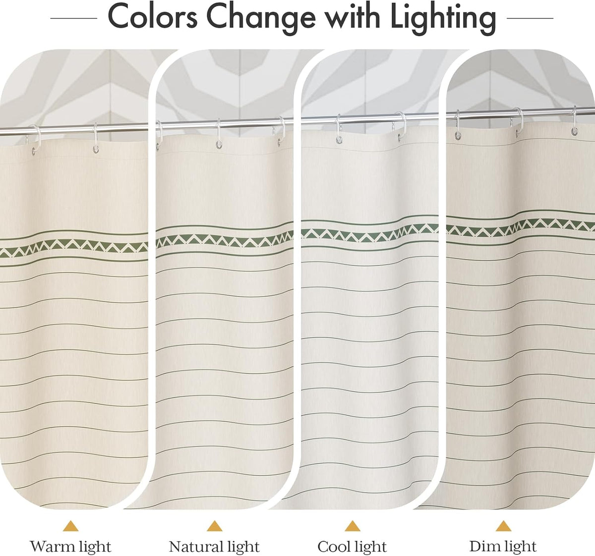 Boho Shower Curtain, Modern Farmhouse Shower Curtain Set with Tassels, Rustic Faux Linen Green Striped Shower Curtain with Hooks, Light Tan Toned, 72x72 Inches