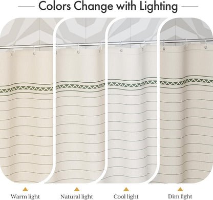 Boho Shower Curtain, Modern Farmhouse Shower Curtain Set with Tassels, Rustic Faux Linen Green Striped Shower Curtain with Hooks, Light Tan Toned, 72x72 Inches