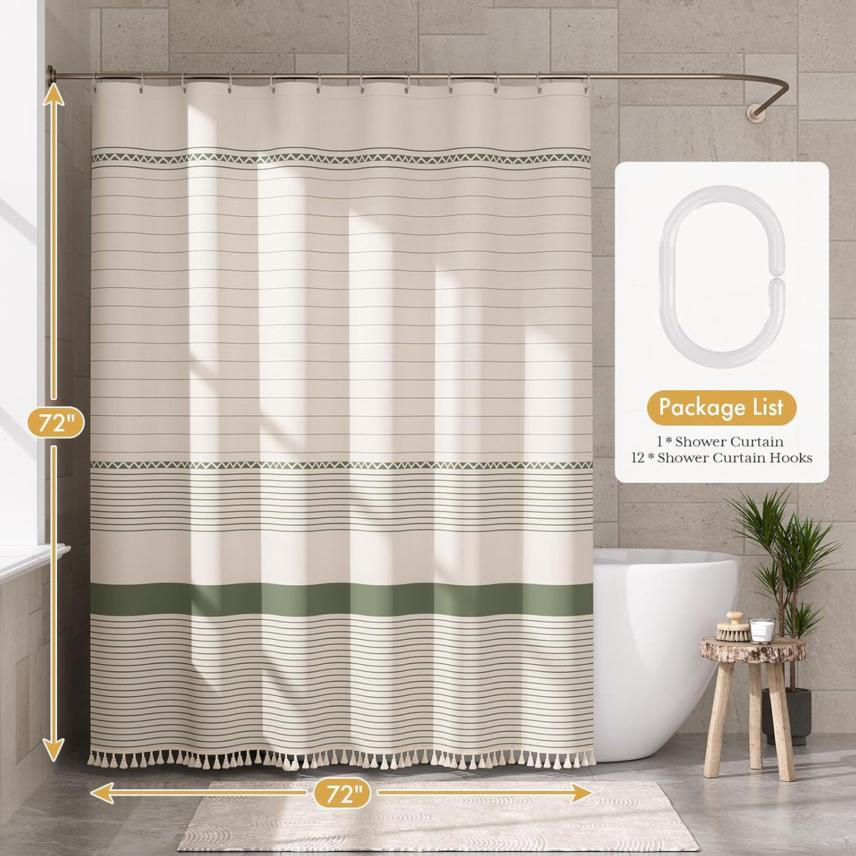 Boho Shower Curtain, Modern Farmhouse Shower Curtain Set with Tassels, Rustic Faux Linen Green Striped Shower Curtain with Hooks, Light Tan Toned, 72x72 Inches