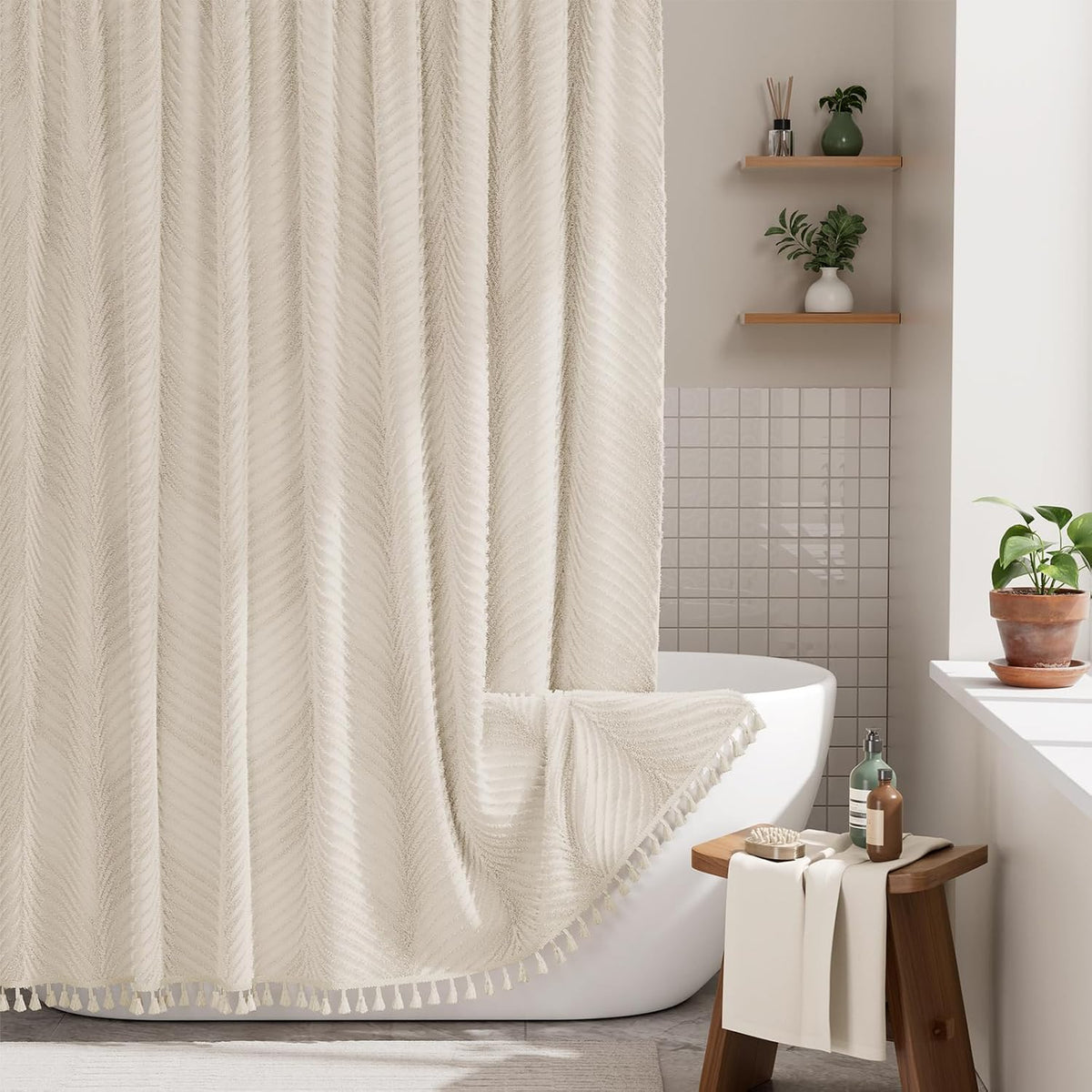 Boho Shower Curtain, Modern Farmhouse Shower Curtain Set with Tassels, Rustic Faux Linen Green Striped Shower Curtain with Hooks, Light Tan Toned, 72x72 Inches