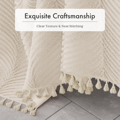 Boho Shower Curtain, Modern Farmhouse Shower Curtain Set with Tassels, Rustic Faux Linen Green Striped Shower Curtain with Hooks, Light Tan Toned, 72x72 Inches
