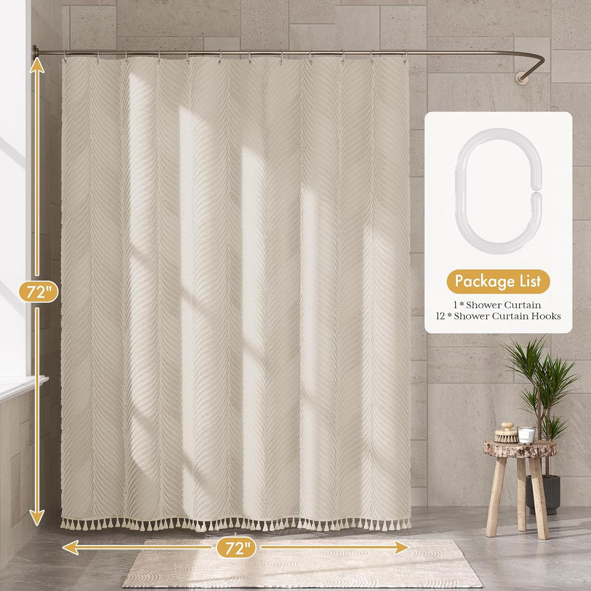 Boho Shower Curtain, Modern Farmhouse Shower Curtain Set with Tassels, Rustic Faux Linen Green Striped Shower Curtain with Hooks, Light Tan Toned, 72x72 Inches