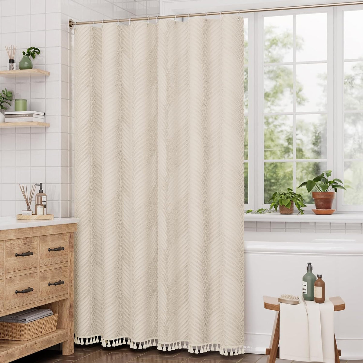Boho Shower Curtain, Modern Farmhouse Shower Curtain Set with Tassels, Rustic Faux Linen Green Striped Shower Curtain with Hooks, Light Tan Toned, 72x72 Inches